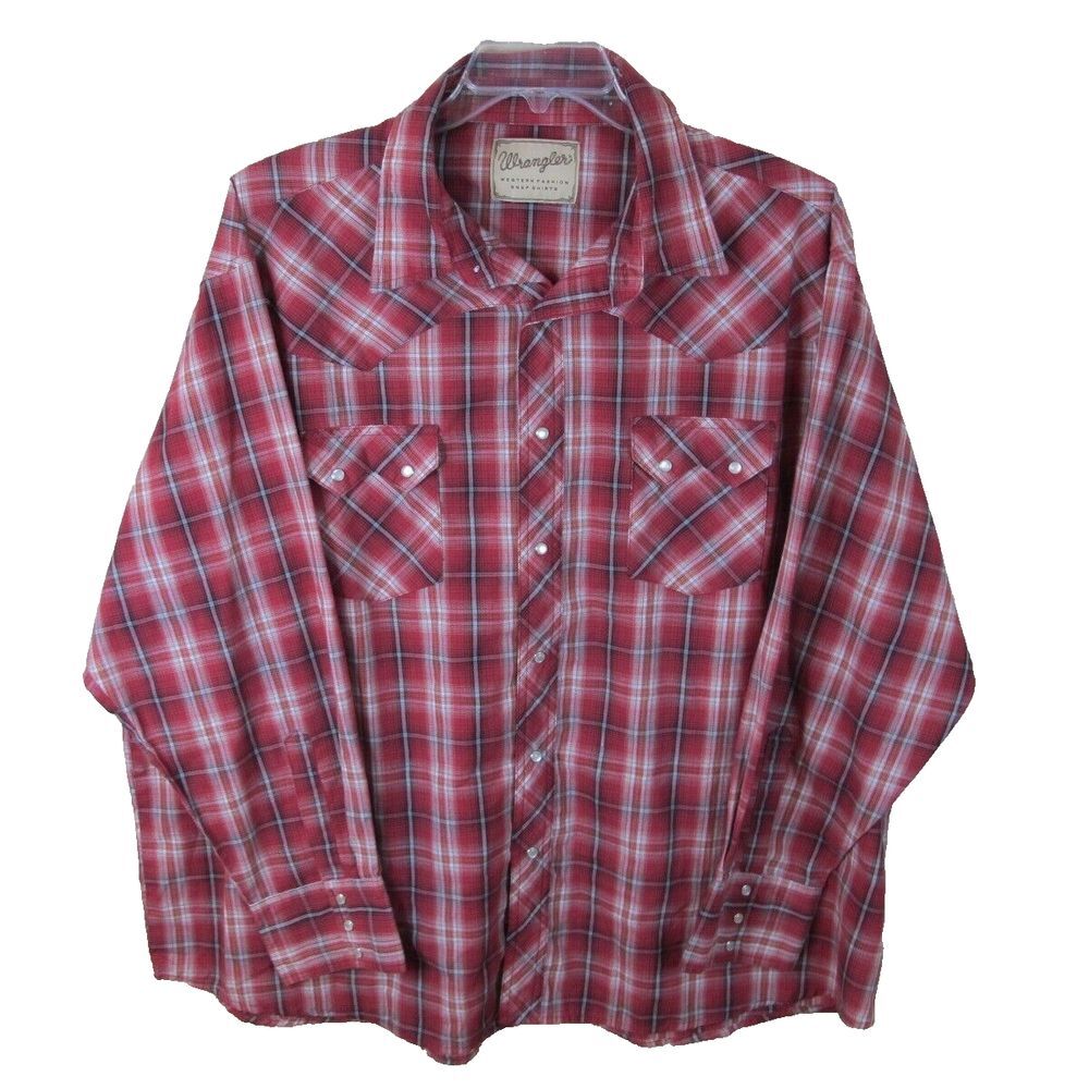Wrangler Long Sleeve Pearl Snap Western Shirt Men's 3XL Red‎ Plaid Cotton Blend